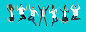 Happy excited business people, employees jumping together. Successful team work and leadership vector cartoon concept. Business leadership with team success jump illustration