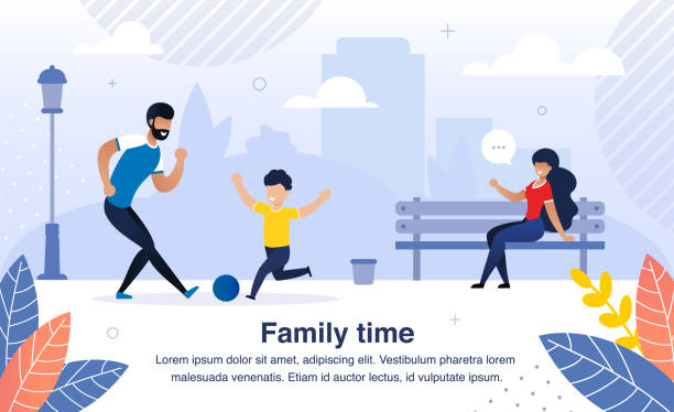 stockillustraties, clipart, cartoons en iconen met gelukkige familie activiteit tijd platte vector banner - hardlopen vorouw