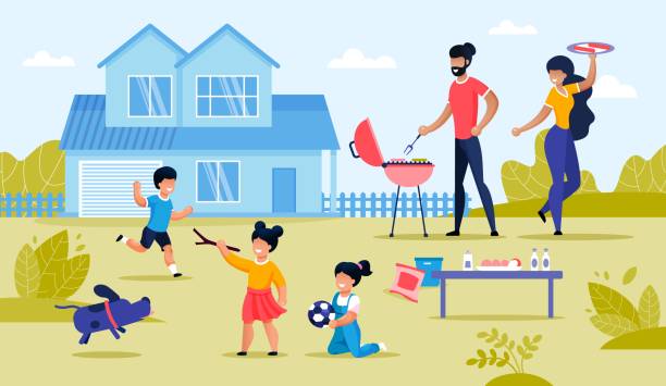 stockillustraties, clipart, cartoons en iconen met happy family en kid met bbq thuis achtertuin - family garden,party