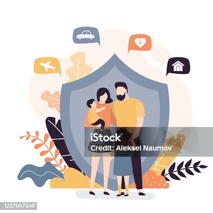 istock Happy family and protection shield. Insurance,healthcare concept banner. Assurance plan, full insurance coverage background. 1227047549