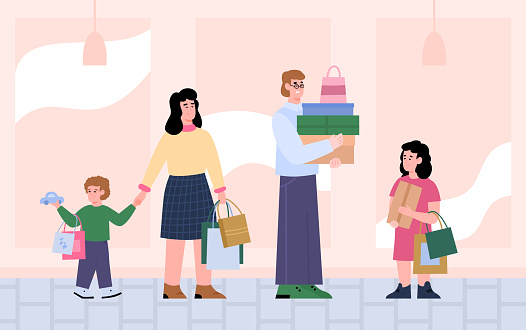 Happy family buyers - parents with kids spending time at stores or malls.