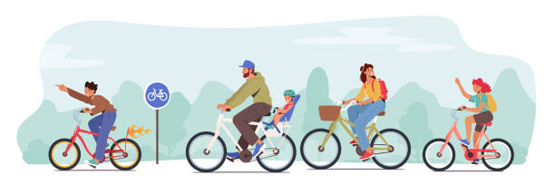 ilustrações, clipart, desenhos animados e ícones de personagens da família feliz andando de bicicleta. pai, filho, treinamento de mãe e filha, estilo de vida saudável, atividade esportiva ao ar livre - son dad workout