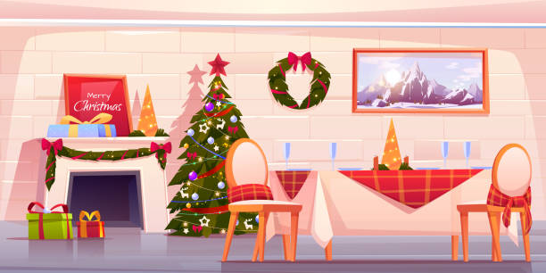 mutlu aile noel yemeği, tatil kutluyor - christmas table stock illustrations