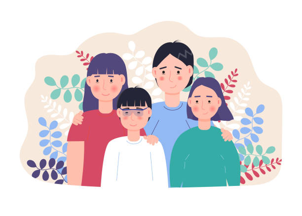 ilustrações de stock, clip art, desenhos animados e ícones de happy family concept vector. mother and farther, son and daughter with on botanic, leave background. national foster care month, family day, week - foster kids