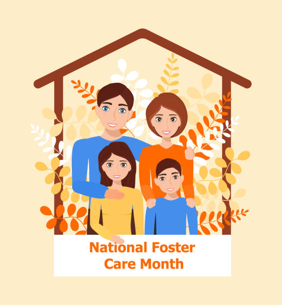 ilustrações de stock, clip art, desenhos animados e ícones de happy family concept vector. mother and farther, son and daughter with on botanic, leave background. national foster care month, family day, week - foster kids