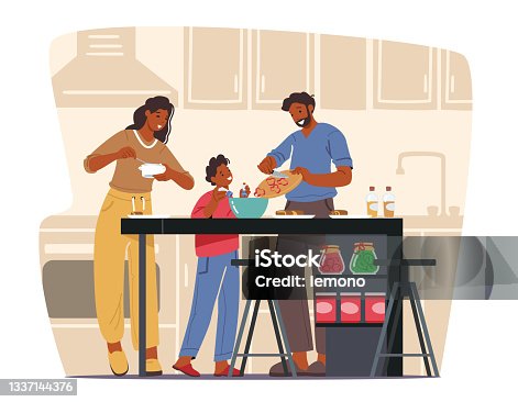 istock Happy Family Cooking at Home, Mother, Father and Little Son on Kitchen Using Different Tools for Food Preparing 1337144376
