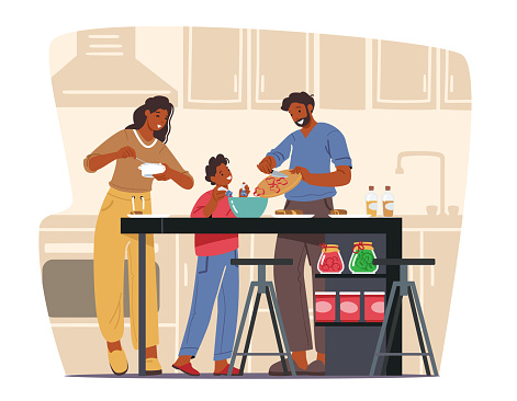 Happy Family Cooking at Home, Mother, Father and Little Son on Kitchen Using Different Tools for Food Preparing