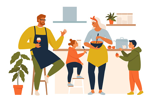 Happy family cooking. Mother and father with kids cook dishes in kitchen cartoon vector illustration. Family cooking mother, son, daughter and father on kitchen.