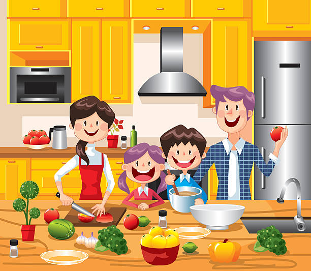 ilustrações de stock, clip art, desenhos animados e ícones de família feliz cozinhar juntos - woman chopping vegetables