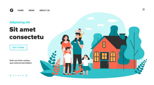 Happy family couple with kids and pet standing together Happy family couple with kids and pet standing together outside, in front of their house. Vector illustration for home, real estate, residential area concept family outdoors stock illustrations
