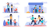Happy Family Day Off Cartoon Illustration Set. Mother, Father and Children Walking in Park or City Street, Shopping at Mall and Running with Dog. Active Time, Recreation Outdoor. Vector Flat Cartoon