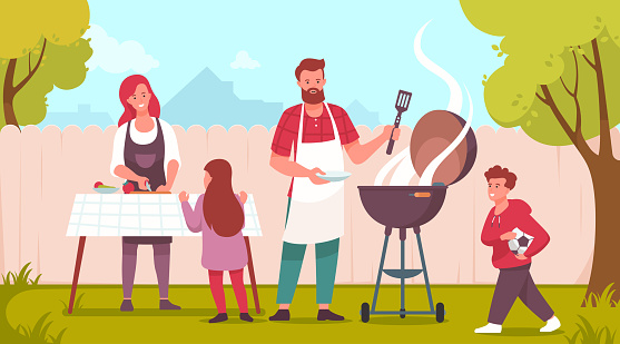 Happy family doing barbecue at garden. Mother, father and children spending time in backyard. Family preparing food outdoors. Summer bbq picnic. Vector illustration.