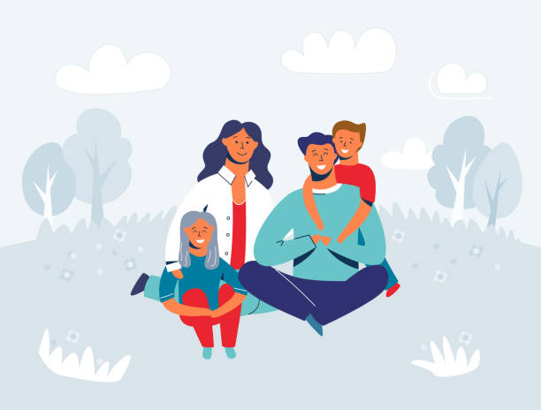 Happy Family enjoying Picnic. Mother, Father and Children Characters smiling and sitting on grass. People in the Park or Forest. Vector Illustration Happy Family enjoying Picnic. Mother, Father and Children Characters smiling and sitting on grass. People in the Park or Forest. Vector Illustration family backgrounds stock illustrations