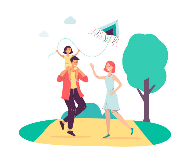 ilustraciones, imágenes clip art, dibujos animados e iconos de stock de feliz familia volando una cometa - padres de dibujos animados e hijo en la naturaleza de verano - family outdoors