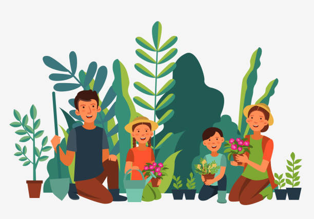 Happy family gardening. Eco friendly ecology concept. Nature conservation vector illustration Happy family gardening. Eco friendly ecology concept. Nature conservation vector illustration gardening stock illustrations