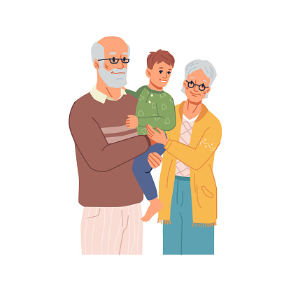 Happy family, grandparents spending time with grandson. Grandmother and grandfather senior people caring for small kid and cuddling boy. Childhood and parenthood. Flat cartoon character, vector