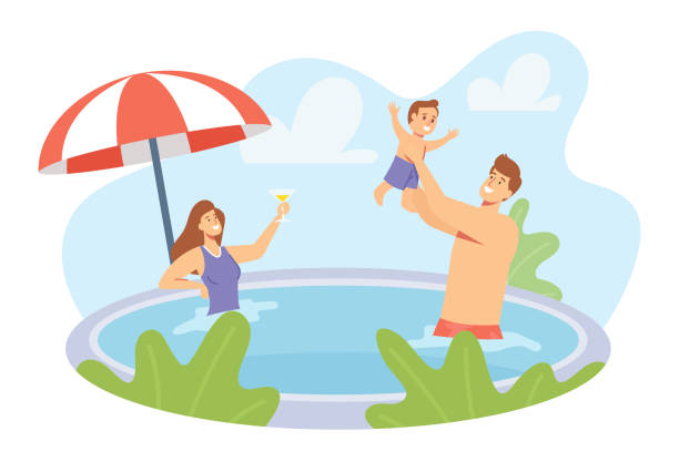 stockillustraties, clipart, cartoons en iconen met happy family holidays. young parents and little child characters playing in swimming pool. father splashing with son - swimming baby