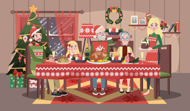 illustrazioni stock, clip art, cartoni animati e icone di tendenza di famiglia felice in accogliente maglione seduto - christmas table