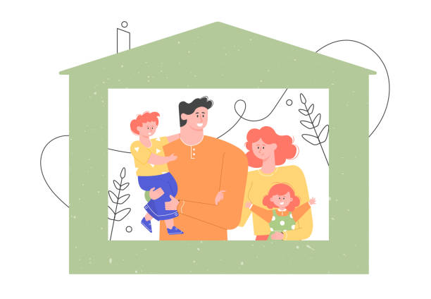 Happy family in the house. Buying a new house, apartment. Mom, dad, son and daughter. Mortgage, relocation, real estate investment. Vector flat illustration. Happy family in the house. Buying a new house, apartment. Mom, dad, son and daughter. Mortgage, relocation, real estate investment. Vector flat illustration. safe move stock illustrations