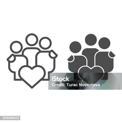 istock Happy family line and solid icon. Hugging people group with heart shape symbol, outline style pictogram on white background. Relationship sign for mobile concept and web design. Vector graphics. 1210390122