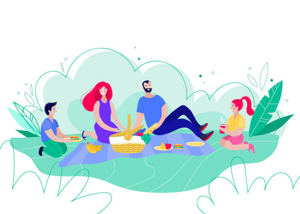 Happy family on a picnic. Dad, mom, son and daughter are resting in nature. Happy family on a picnic. Parents and children spend time outdoors. Dad, mom, son and daughter are resting in nature. Vector illustration in a flat style picnic stock illustrations