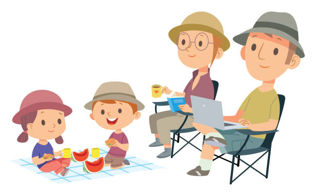 Happy family on a picnic. Dad, mom, son and daughter are resting in nature Vector happy family on a picnic. Dad, mom, son and daughter are resting in nature drawing of family picnic stock illustrations