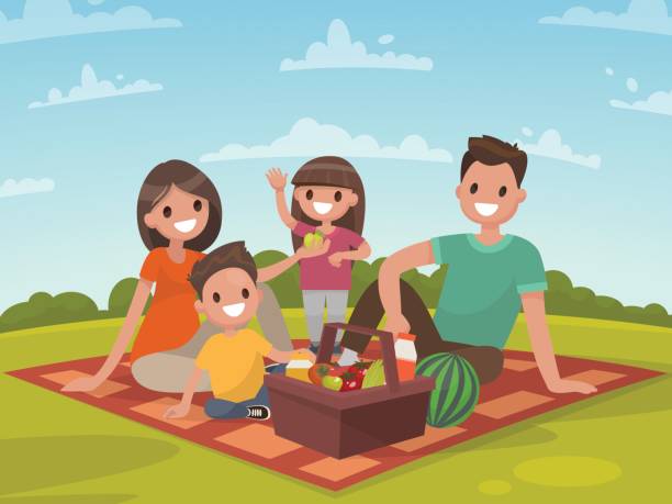 ilustrações de stock, clip art, desenhos animados e ícones de happy family on a picnic. dad, mom, son and daughter are resting in nature - picnic