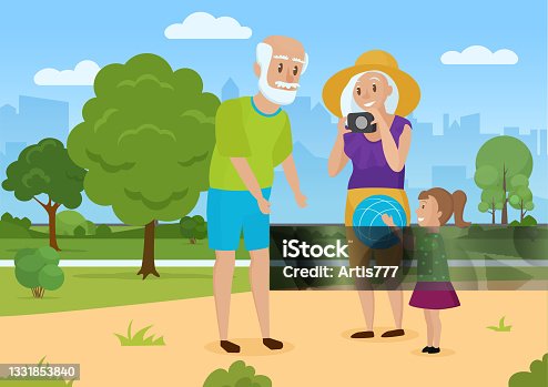 istock Happy family on summer walk, grandmother grandfather and girl play together in city park 1331853840