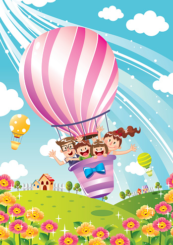 Happy Family on the Hot Air Balloon