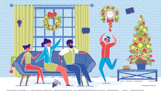 Happy Family Play Charades Game on Christmas Eve Cartoon Family Play Charades Game on Christmas Eve Vector Illustration. Happy Father Mother Children at New Year Night. Living Room Interior with Decorated Christmas Tree. Traditional Celebration charades stock illustrations