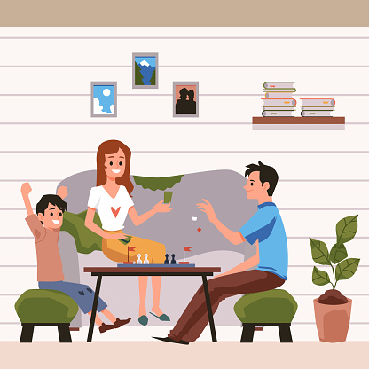 Fun for the family at home. Happy father, mother and son play a Board game together. Flat cartoon vector illustration. vector