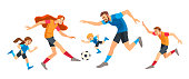 Happy family Playing Soccer together. Concept Parenthood child-rearing. Cartoon isolated vector illustration
