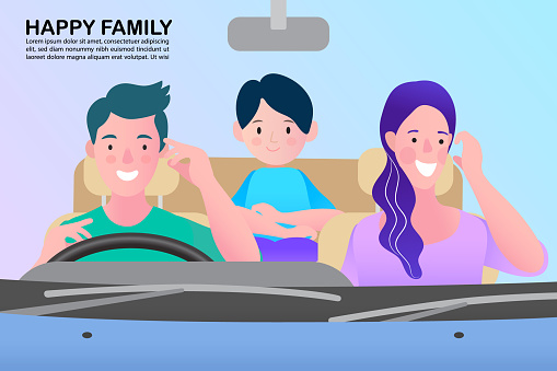 Happy family ride in the car. Father, mother, son. Vector flat style. vector