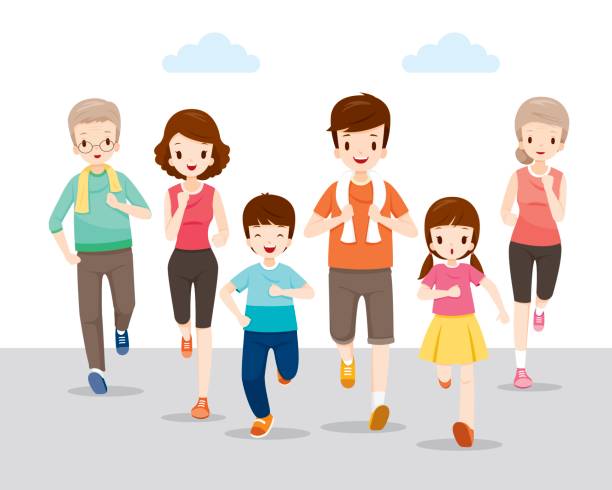stockillustraties, clipart, cartoons en iconen met happy family uitgevoerd samen voor een goede gezondheid - hardlopen vorouw