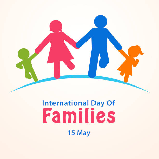 Celebrating the International Day of Families in 15 May annually with multi colored family silhouette running on the blue ground
