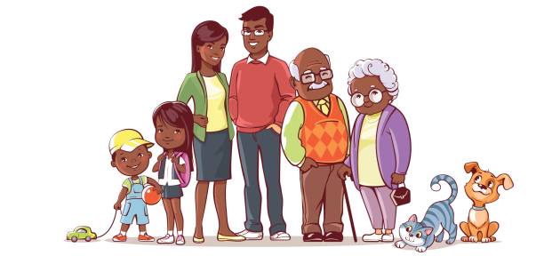Happy family set African american family together. Group of people standing. Little boy, teenager girl, woman, man, old man, senior woman, cat, dog. Father, mother, sister, brother, grandfather, grandmother, pets. latin family stock illustrations
