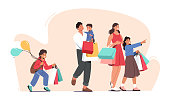 istock Happy Family Shopping. Father, Mother and Little Kids Holding Paper Bags and Balloons Visiting Supermarket for Purchases 1320835752
