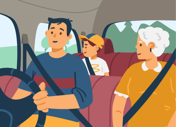 Happy family travel inside car wearing seat belt a vector flat illustration. Happy family travel in their car during vacation or weekend road trip. Father driving automobile, mother and kid boy sitting inside wearing seat belt. Cartoon vector illustration teen driving stock illustrations