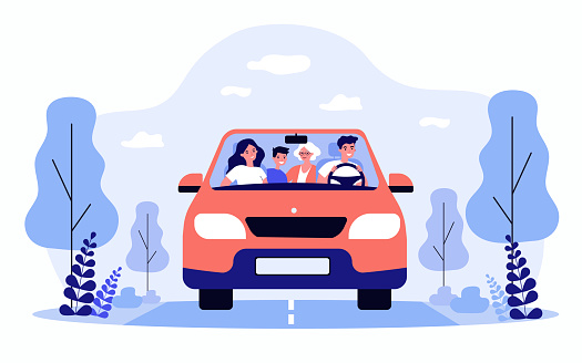 Happy family travelling in car isolated flat vector illustration