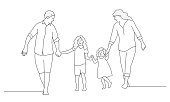 Happy family father, mother and two daughters go holding hands. Line drawing vector illustration.