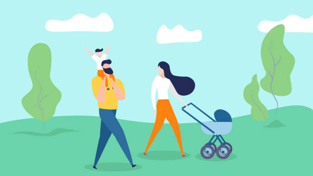 Happy Family Walking on Summer Nature Background. Happy Family Walking on Nature Background. Young Mother Pushing Baby Carriage, Little Son Sitting at Father Shoulders in Countryside Landscape. Man, Woman, Kid Weekend Cartoon Flat Vector Illustration mother backgrounds stock illustrations