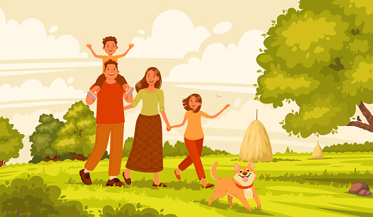 Happy family walks in nature. Mom, dad, daughter and son are actively resting in the village. Parents and children on the background of the summer landscape