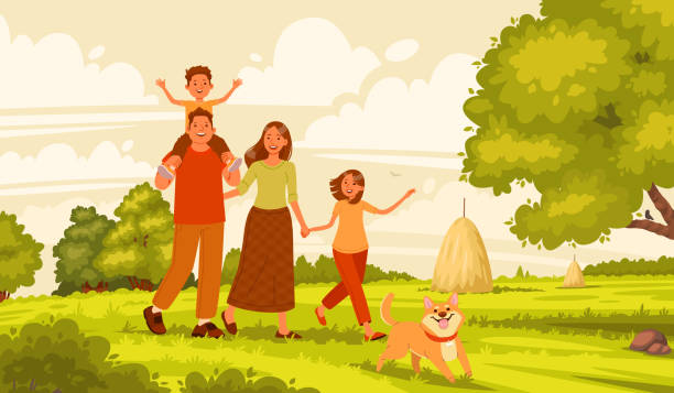 illustrations, cliparts, dessins animés et icônes de joyeuse famille marche dans la nature. maman, papa, fille et fils se reposent activement dans le village. parents et enfants sur le fond du paysage estival - marcher foret