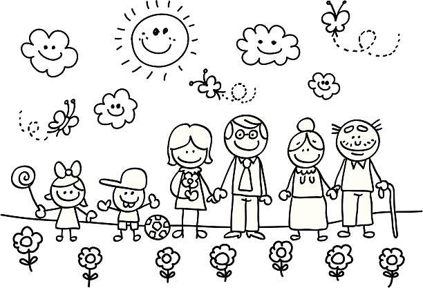 Happy family with grand mother,father,son,daughter children cartoon  family drawings stock illustrations