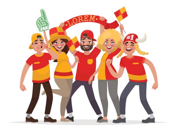 Happy fans are cheering for their team. A group of people supports athletes Happy fans are cheering for their team. A group of people supports athletes. Vector illustration in cartoon style cartoon of a stadium crowd stock illustrations
