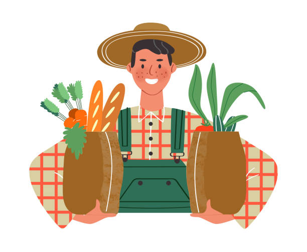 Happy farm man holding paper grocery bag Happy farmer worker man holding grocery paper bags on isolated white background. Eco friendly concept for food delivery service or environment campaign. supermarket clipart stock illustrations