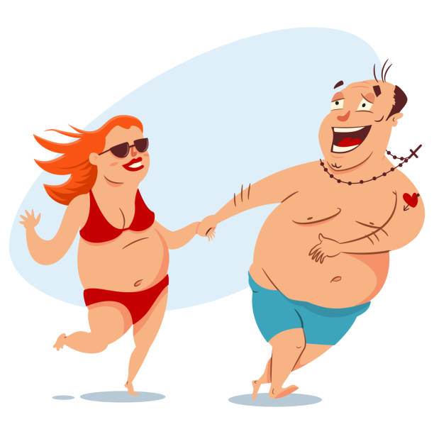 Happy fat couple on the beach in swimsuits. Obese man and woman. Vector cartoon people with overweight isolated on white background. Summer illustration. Fat couple on the beach. Summer vector illustration. cartoon of fat lady in swimsuit stock illustrations