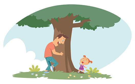 Happy Father and Daughter Hugging, Love Tree, Playing Hide and Seek and Run around. Family Characters Outdoor Recreation