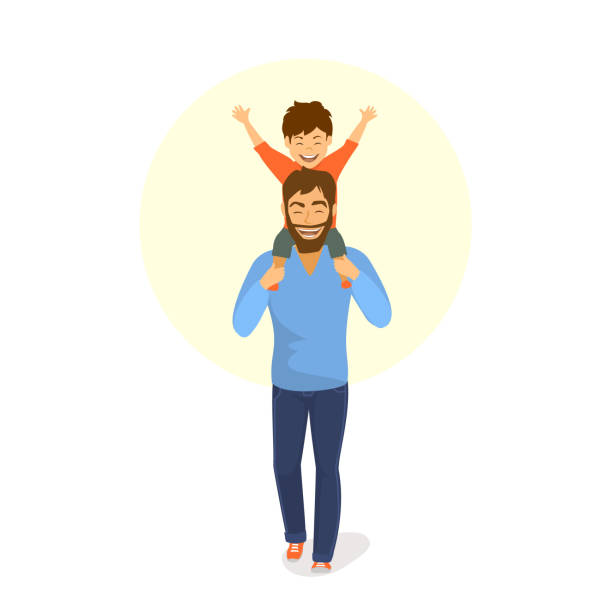 stockillustraties, clipart, cartoons en iconen met gelukkig vader en zoon samen wandelen, jongen zit op vaders achterkant schouders - piggyback funny