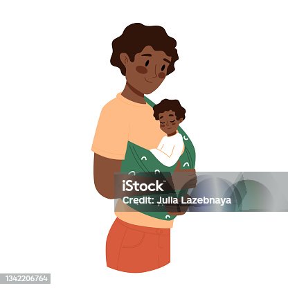 istock Happy father carrying newborn. Baby in sling. Family, lifestyle concept. Hand drawn vector illustration. Dad holding child. Fatherhood, father's day, happy childhood 1342206764